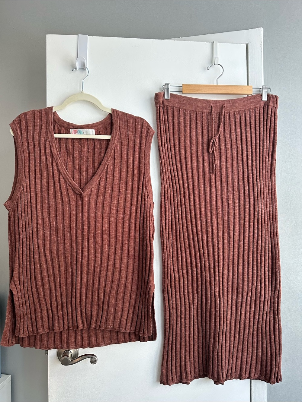 Free People Beach Veda Sweater Set Ribbed Midi Skirt & Vest Terracotta (Large)